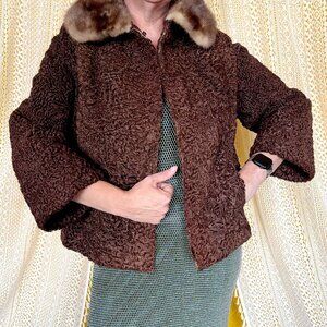 Vintage 60s Brown Persian Lamb Wool and Mink Fur Coat Size M-L